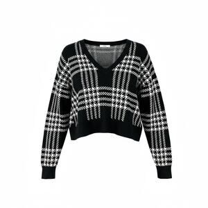 Bar III Cropped Black White Plaid Knit Sweater Casual Preppy M Dark Academia